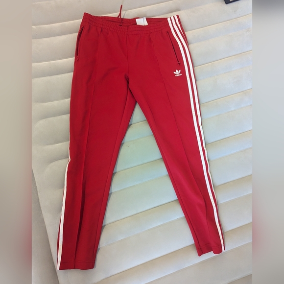 Adidas Red Joggers with White Stripes - Picture 1 of 3